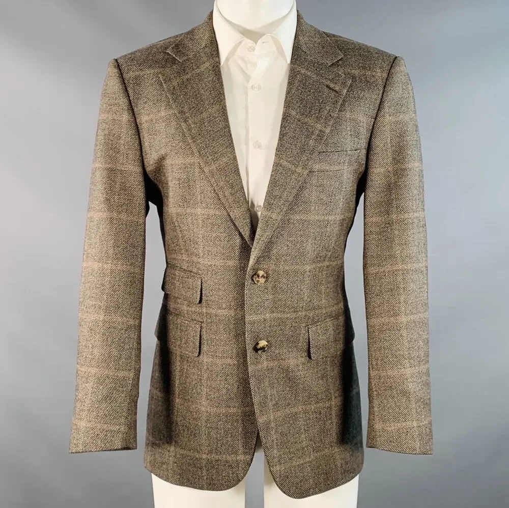 BOSS by HUGO BOSS Size 38 Brown Black Virgin Wool Cashmere Windowpane Sport Coat